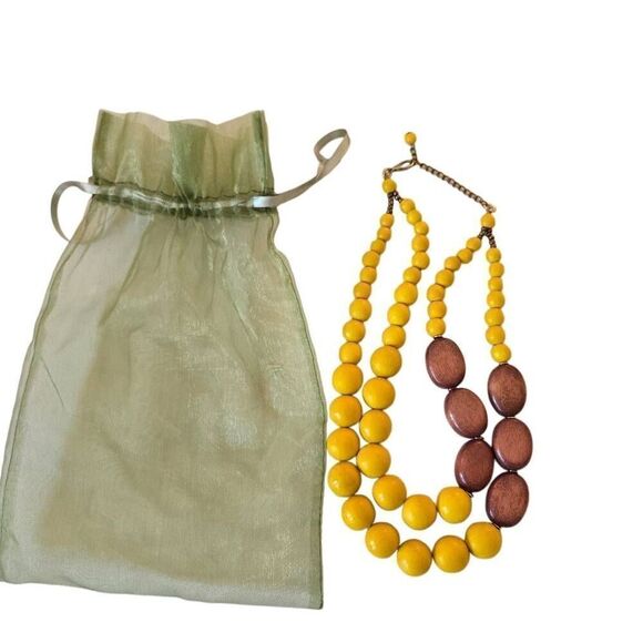 Womens Two Strand Wooden Bead Fashion Statement Necklace Yellow OS - Picture 8 of 10